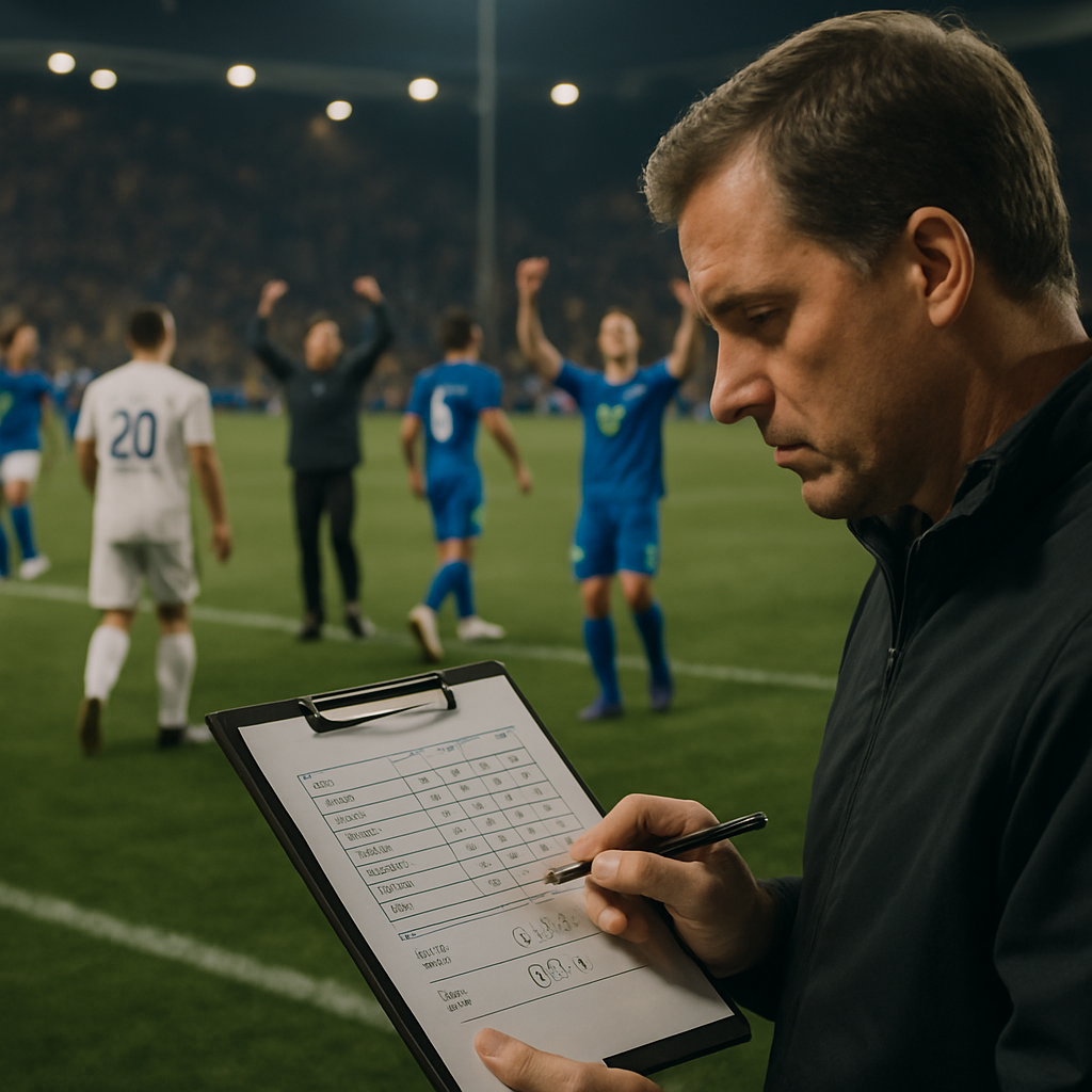 At the final whistle, a coach checks league standings while players and fans react