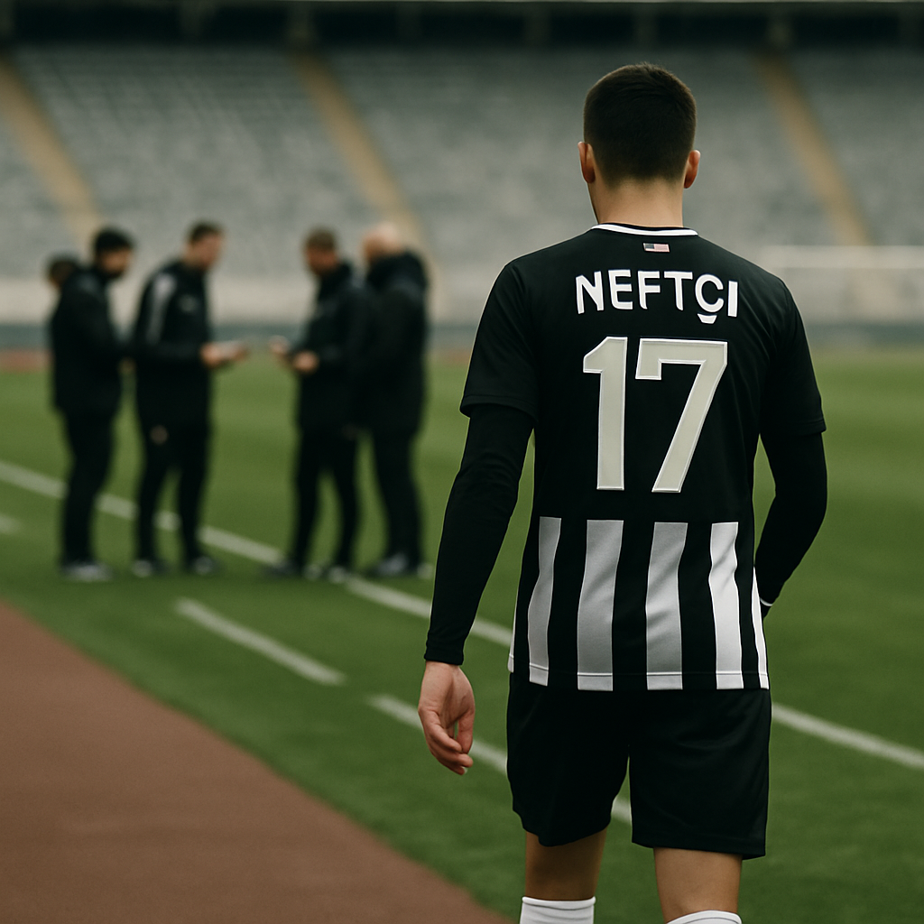 A Neftçi PFK player walks toward the pitch as teammates and coaches prepare for