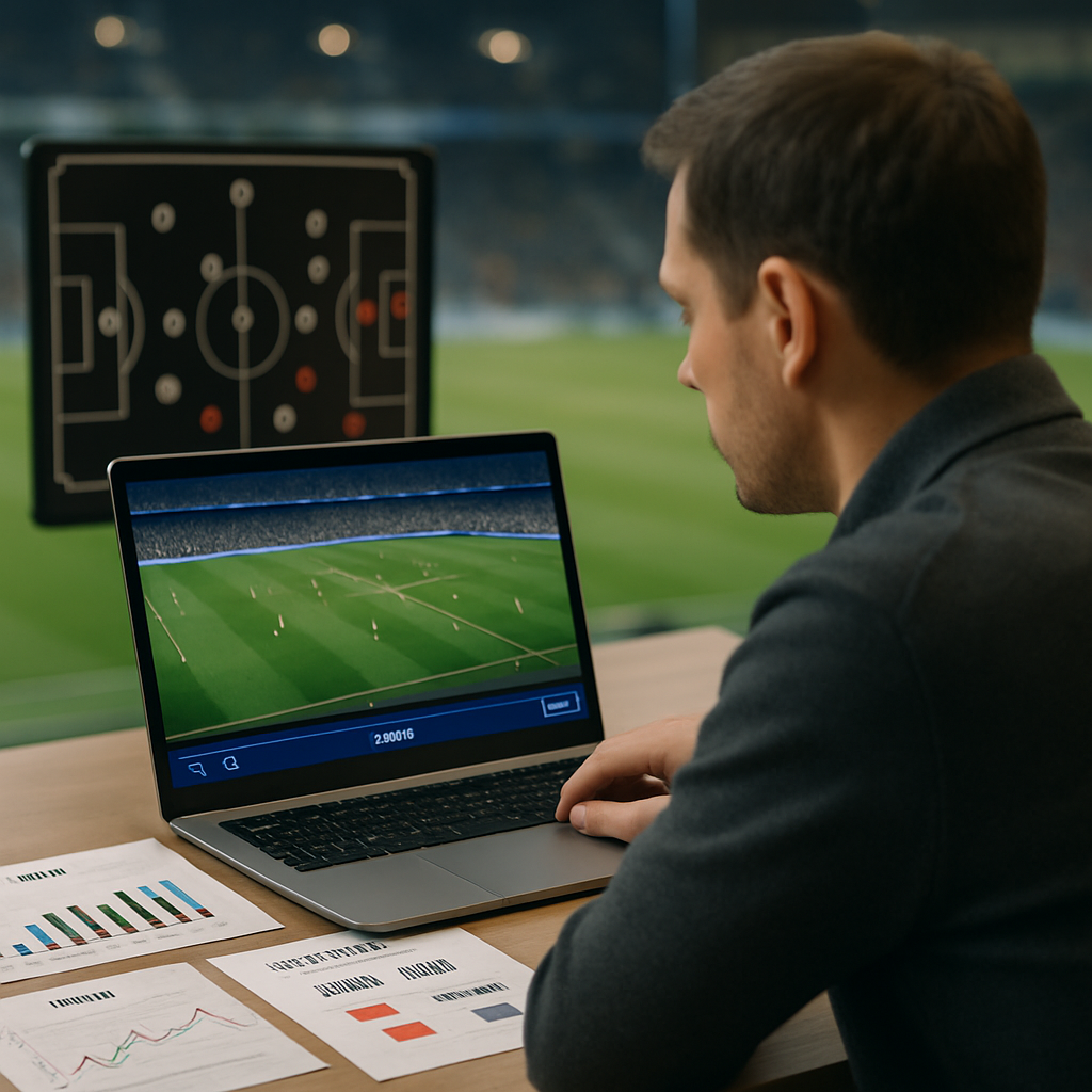 A football analyst reviews match statistics beside a tactics board, considering team strength, lineups,