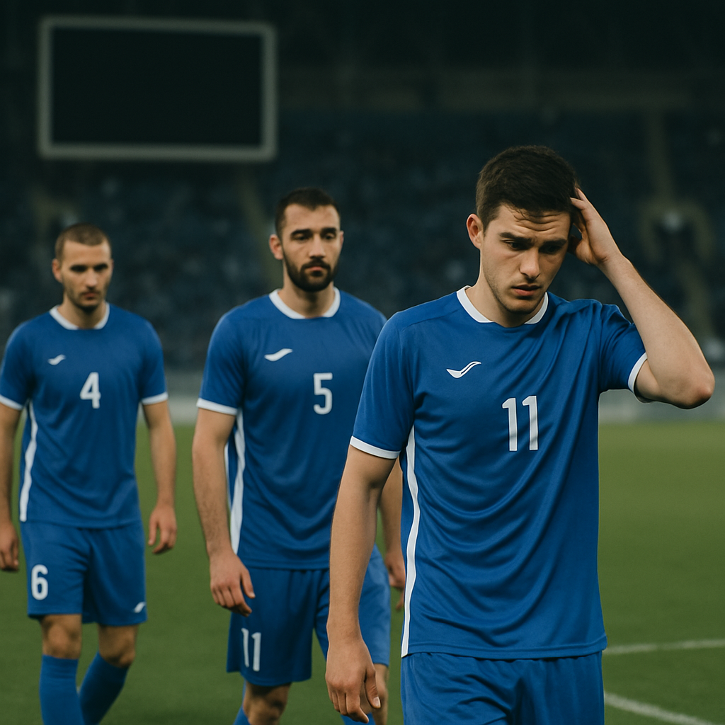 Zirə players leave the pitch after a match as a distant, unreadable scoreboard reflects
