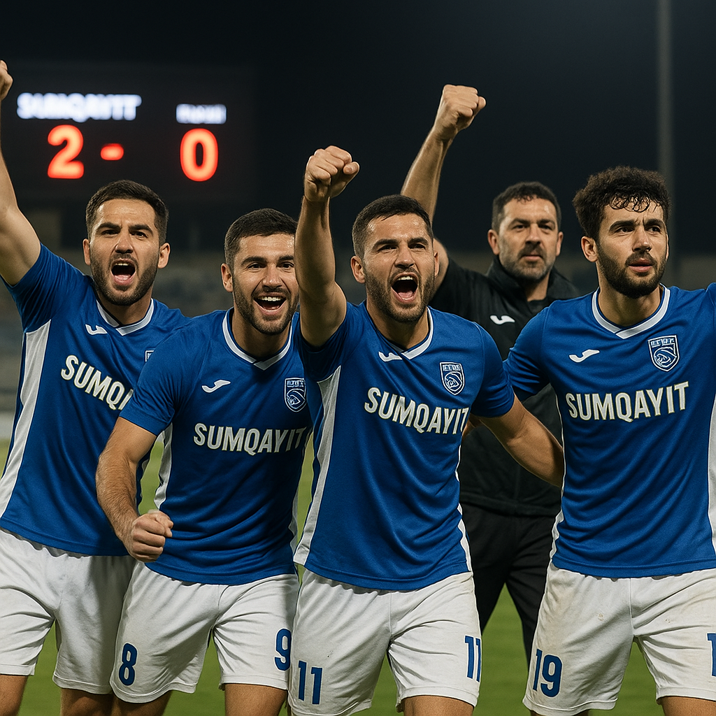 Sumqayıt FK players celebrate a victory on the pitch, showing the renewed confidence behind