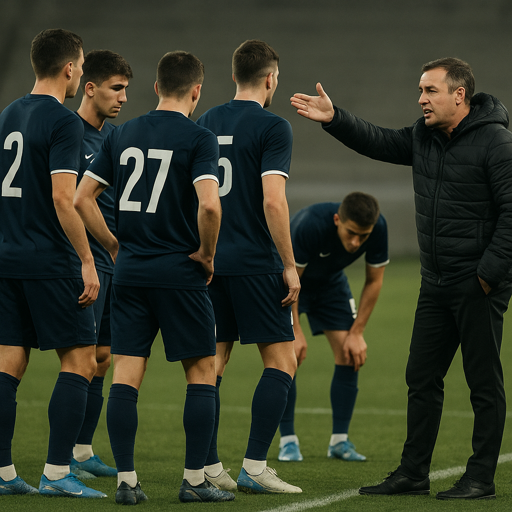 Turan Tovuz players regroup on the pitch as a coach gestures during a tense