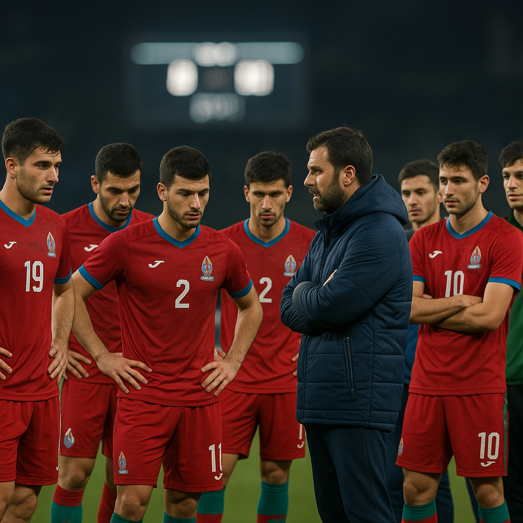 Azerbaijan national-team players and staff gather on the pitch after a match, with no